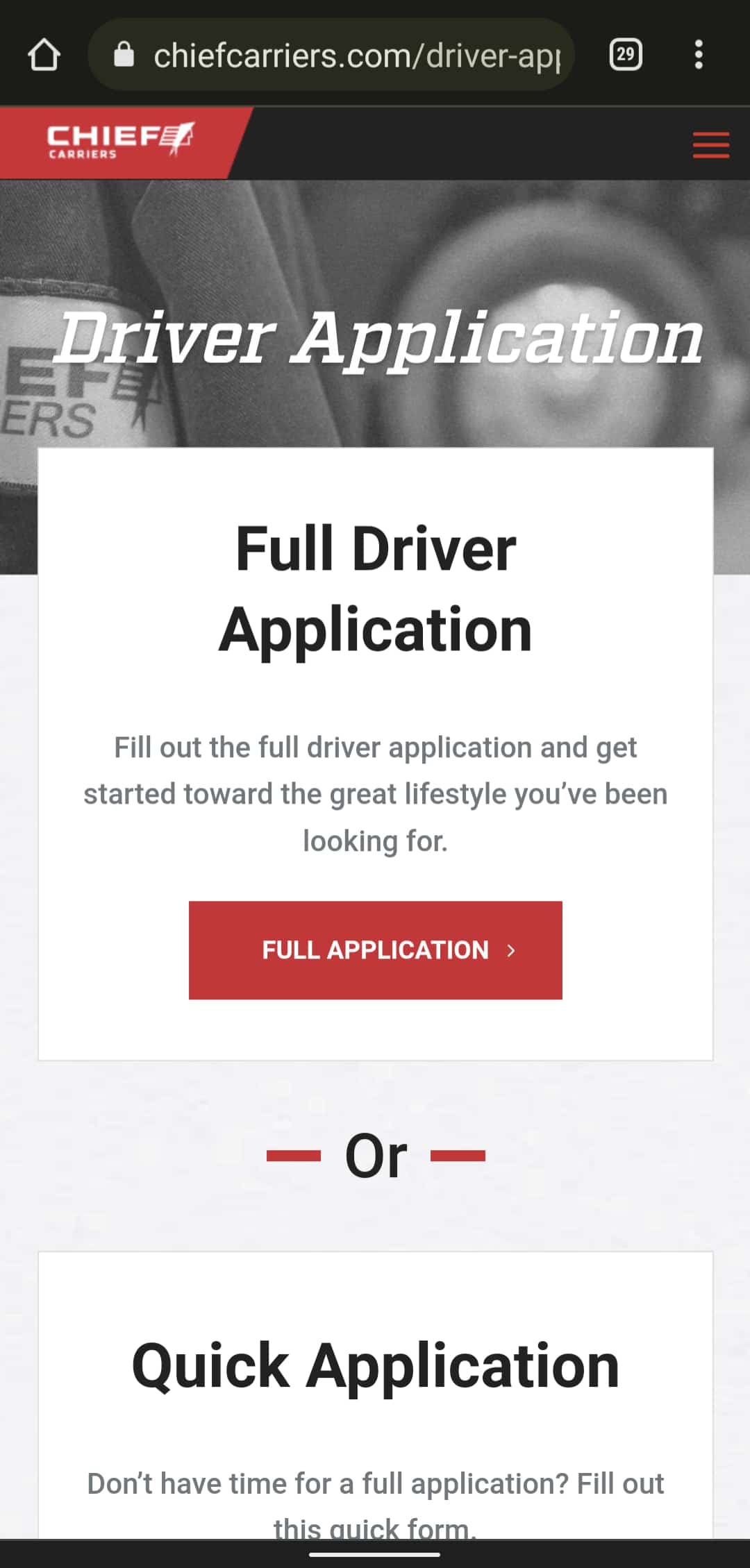 screenshot of mobile truck driver application form with chief carriers