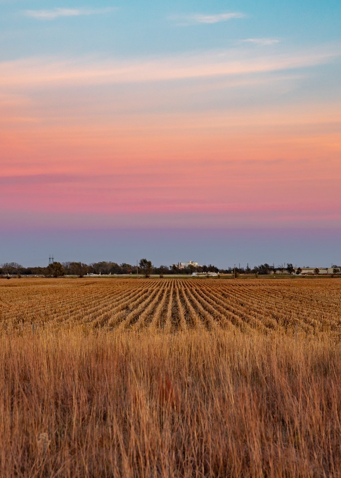 Landscape of a sunset over a dry plowed crop field out in the country