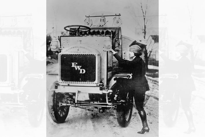 black and white photo of luella bates, the first female commercial semi driver