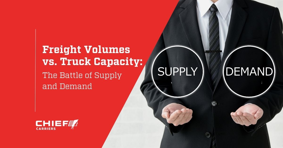 A man with his hands held palm up with the words "Supply" and "Demand" over each hand. The thumbnail image for the blog post "Freight Volumes vs. Truck Capacity: The Battle of Supply and Demand."