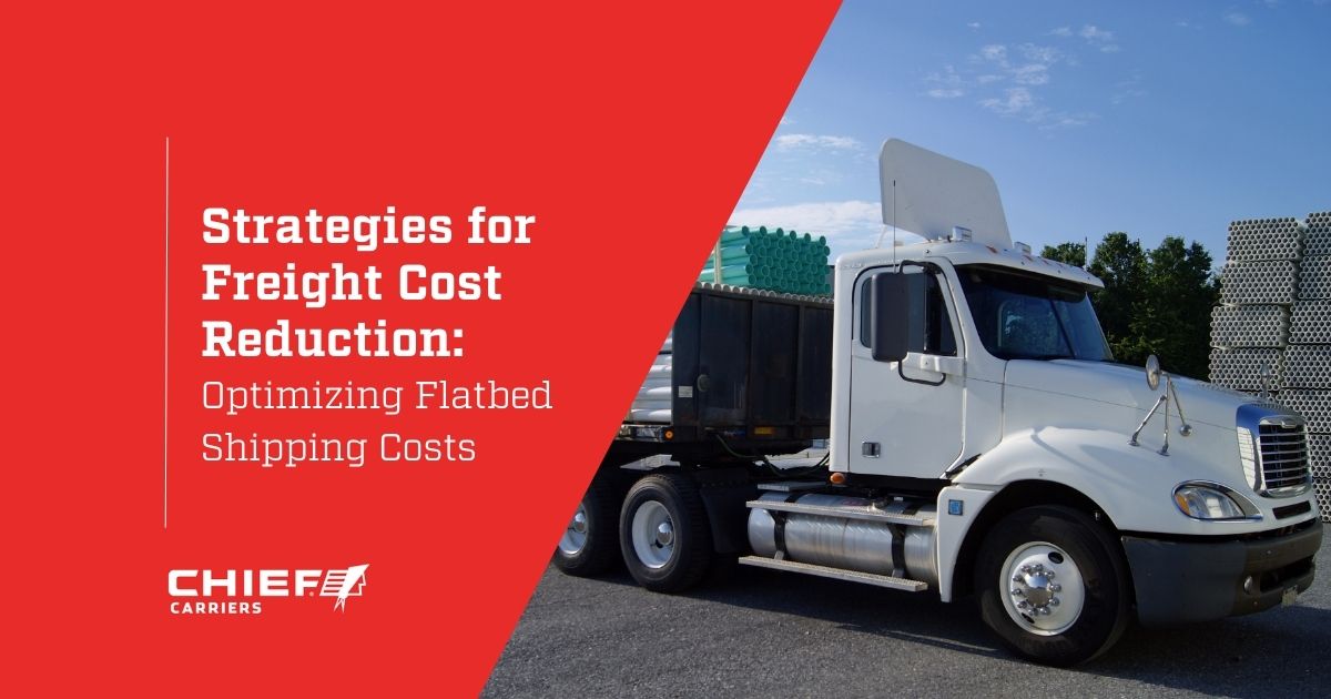 White flatbed truck hauling load of pipes. Thumbnail for blog post Strategies for Freight Cost Reduction.