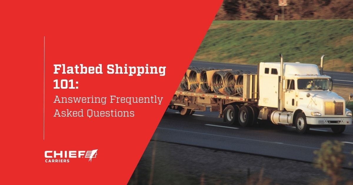A flatbed truck hauling cargo on a highway. Thumbnail for Flatbed Shipping 101 blog.