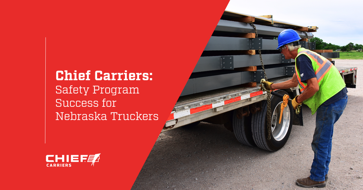Chief Carriers driver securing chains for flatbed load. Thumbnail for Chief Carriers Safety Program Success for Nebraska Truckers.