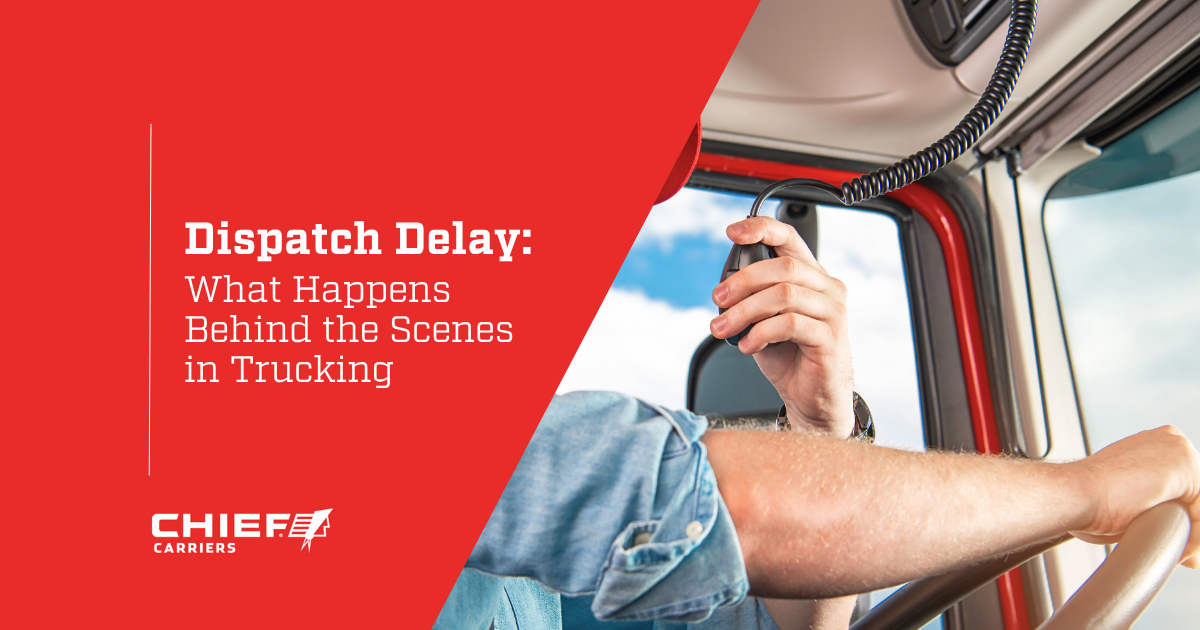 A male truck driver speaking on a cab radio handset. Thumbnail image for "Dispatch Delay: What Happens Behind the Scenes in Trucking."