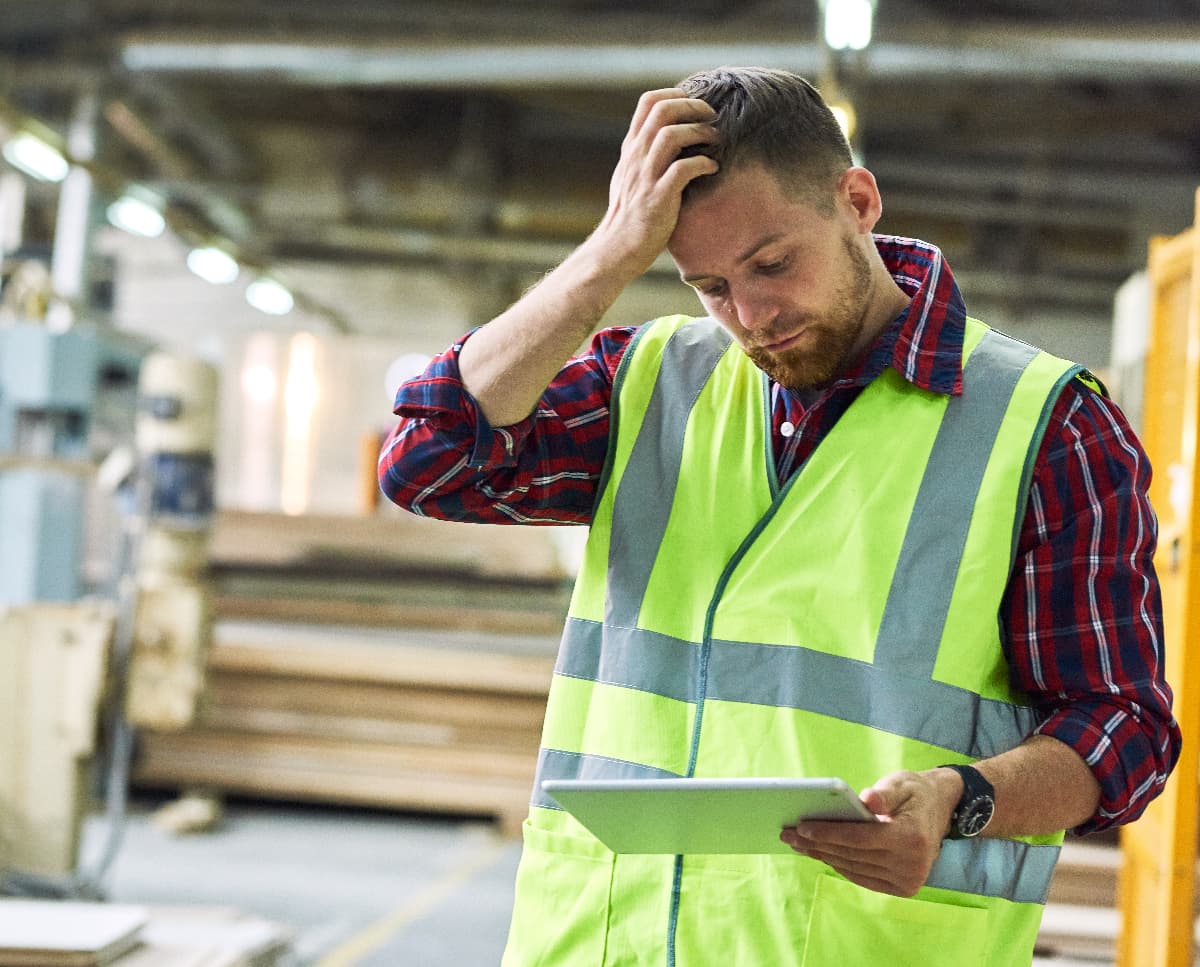 A frustrated business owner looking at a tablet.