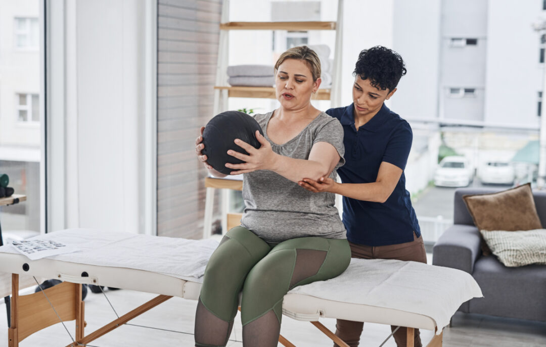 A woman undergoing physical therapy.