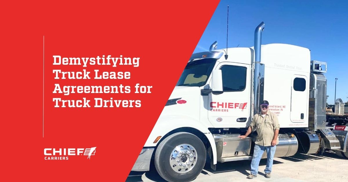 Driver standing beside a white Chief Carriers truck. Thumbnail image for Demystifying Truck Lease Agreements for Drivers.