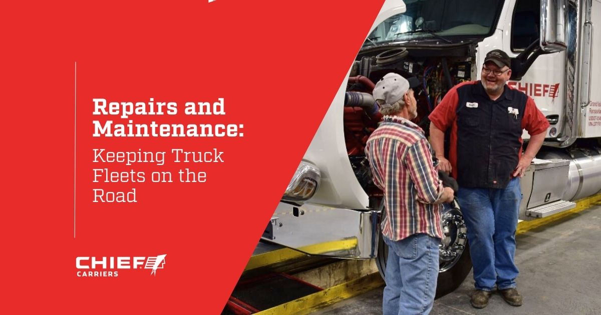 A Chief Carriers maintenance technician and a driver having a conversation in the maintenance shop. Thumbnail image for Repairs and Maintenance: Keeping Truck Fleets on the Road.
