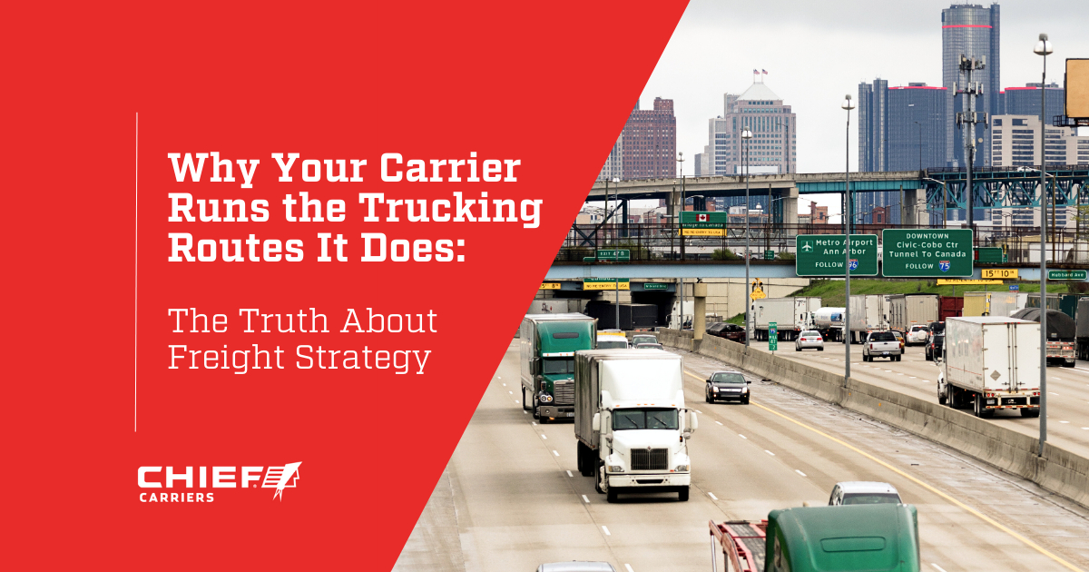 Semi trucks on the Detroit, MI interstate. Thumbnail image for Why Your Carrier Runs the Trucking Routes It Does.