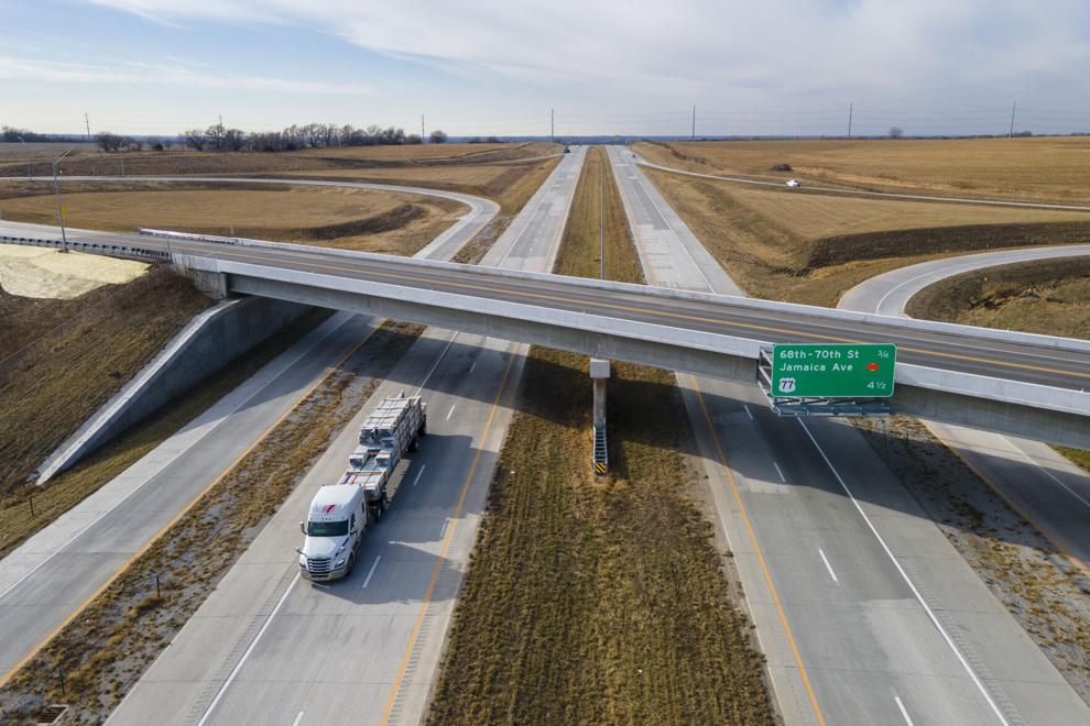 Aerial view of a Chief Carriers flatbed truck on a Nebraska highway.