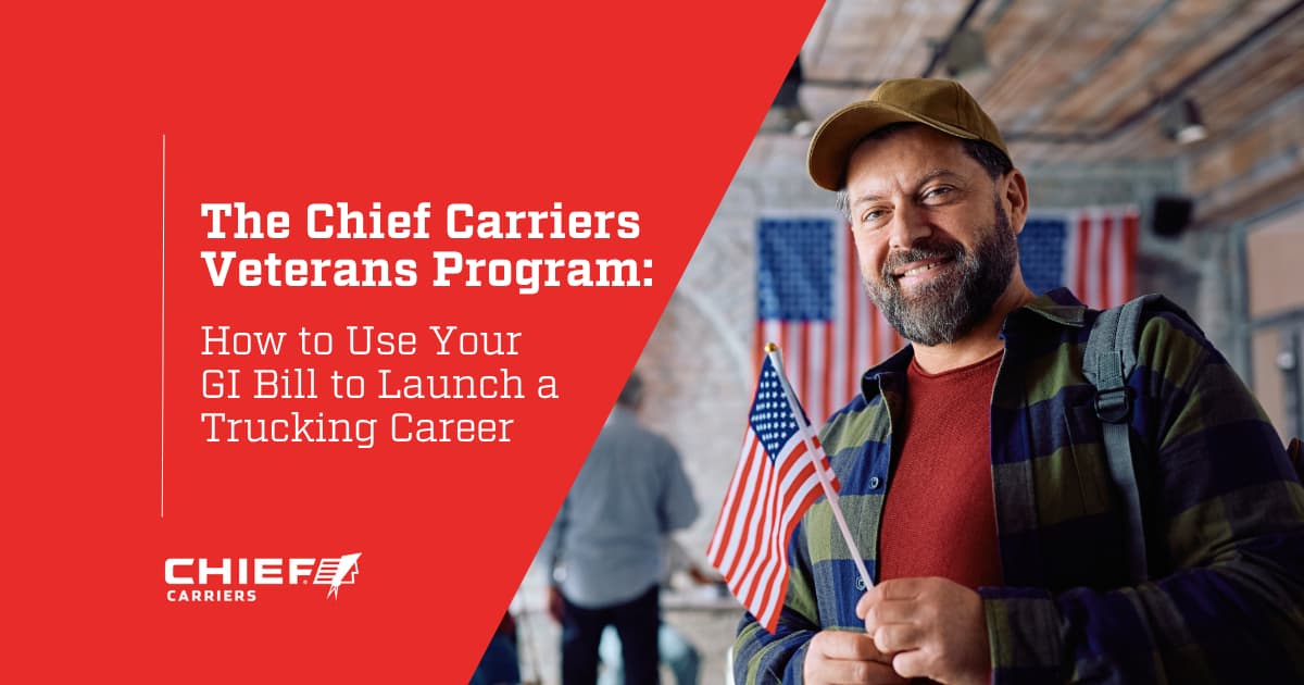 Smiling male truck driver holding handheld flag. Thumbnail image for The Chief Carriers Veterans Program How to Use Your GI Bill to Launch a Trucking Career.